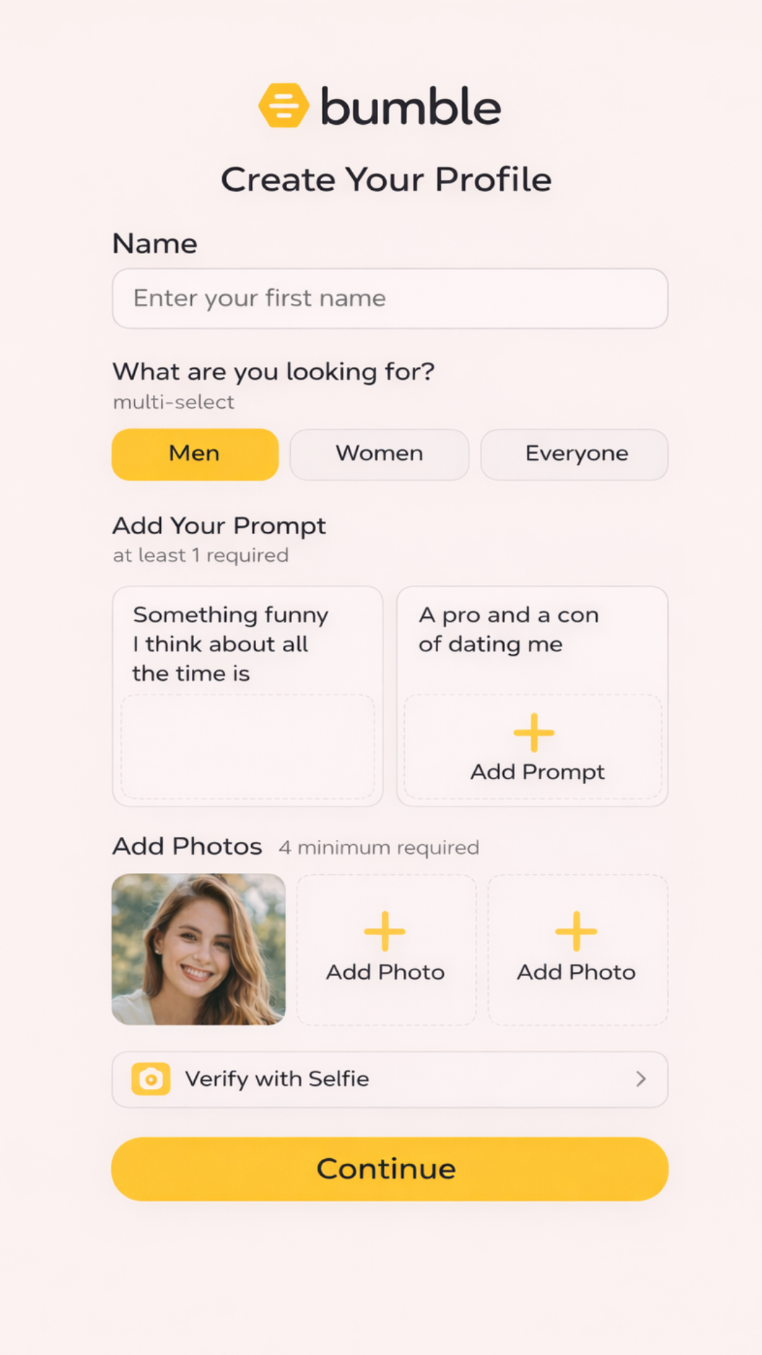 Bumble profile creation screen
