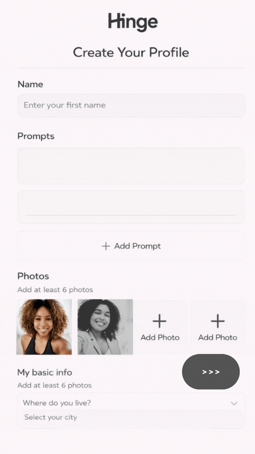 Hinge profile creation screen showing biking prompt
