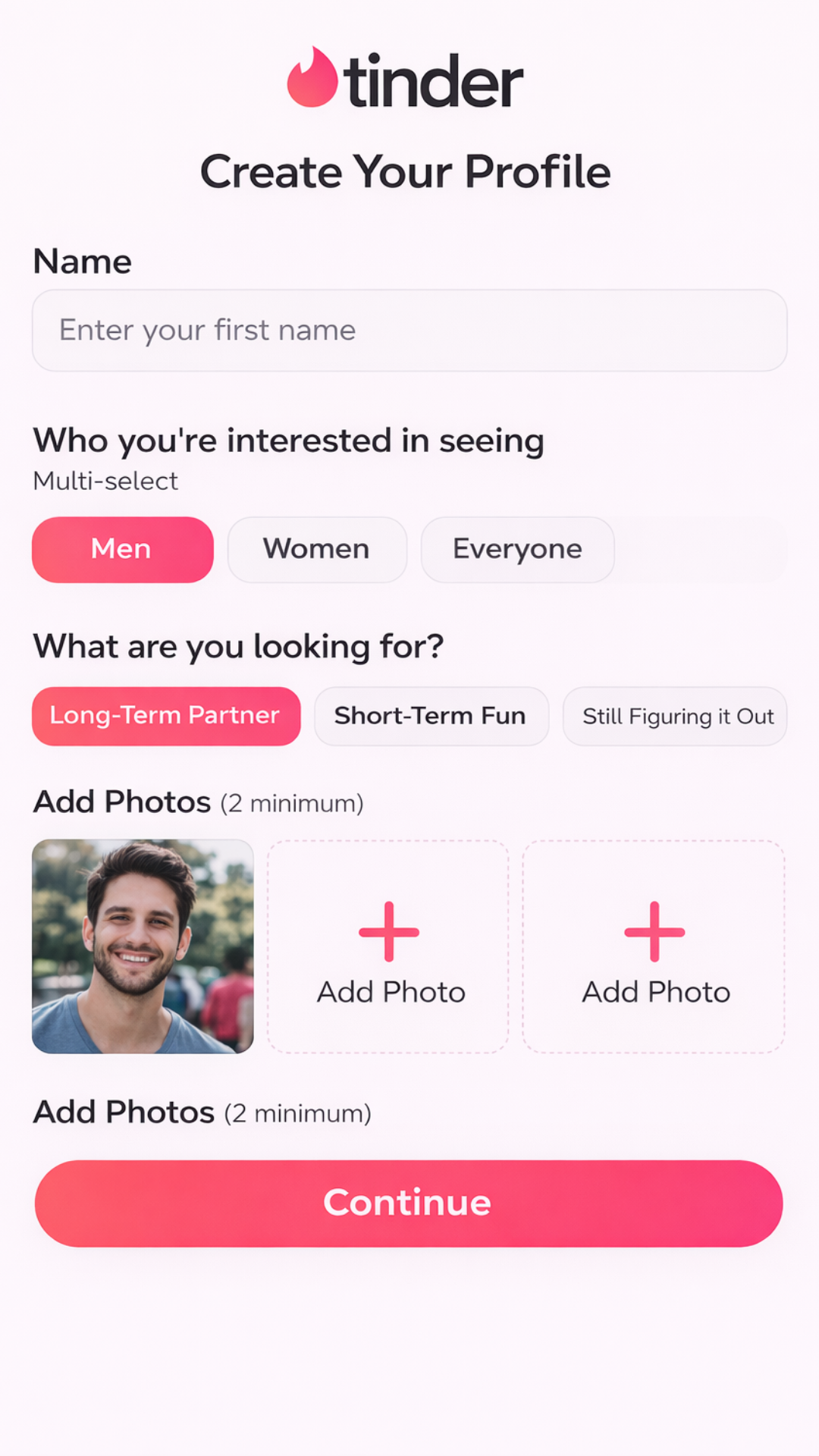 Tinder profile creation screen